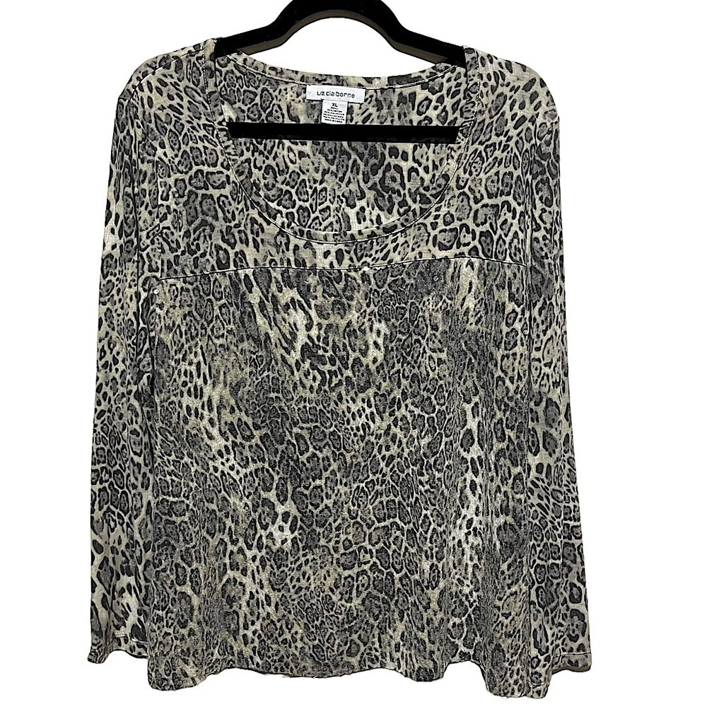 LIZ Claiborne Leopard Print Top Clear Sequin Front Scoop Neck Cool Tone Size XL
